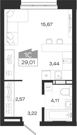Планировка студии 29.01 м² в ЖК «Квартал 54»