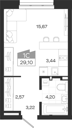 Планировка студии 29.10 м² в ЖК «Квартал 54»
