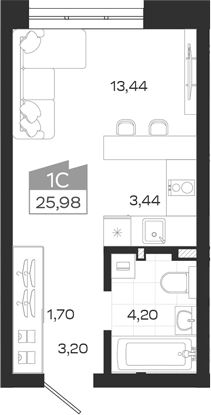 Планировка студии 25.98 м² в ЖК «Квартал 54»