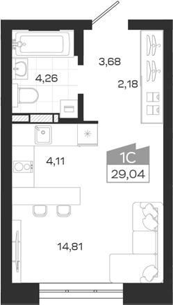 Планировка студии 29.04 м² в ЖК «Квартал 54»