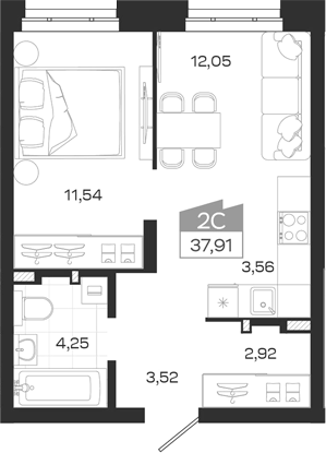 Планировка 2е-к.кв 37.84 м² в ЖК «Квартал 54»