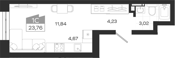 Планировка студии 23.76 м² в ЖК «Квартал 54»