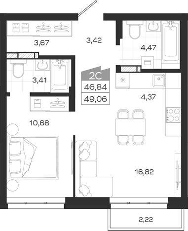 Планировка 2е-к.кв 46.84 м² в ЖК «Квартал 54»