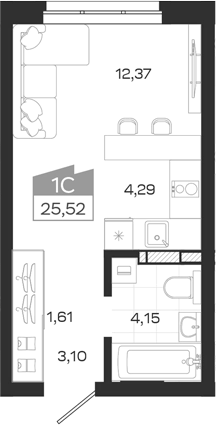 Планировка студии 25.52 м² в ЖК «Квартал 54»