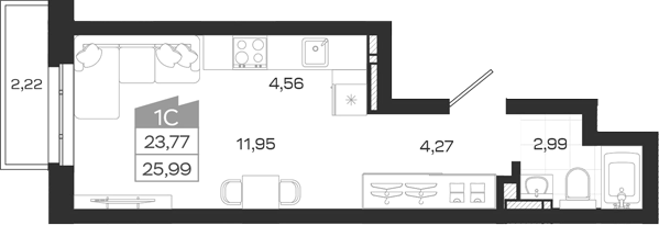 Планировка студии 23.77 м² в ЖК «Квартал 54»