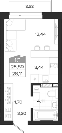 Планировка студии 25.89 м² в ЖК «Квартал 54»