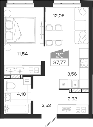 Планировка 2е-к.кв 37.77 м² в ЖК «Квартал 54»