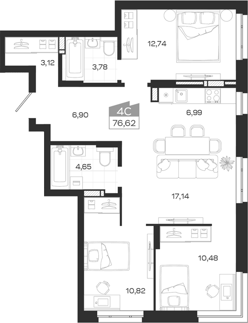 Планировка 4е-к.кв 76.62 м² в ЖК «Квартал 54»