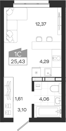 Планировка студии 25.43 м² в ЖК «Квартал 54»