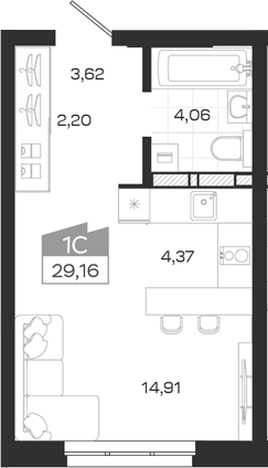 Планировка студии 29.16 м² в ЖК «Квартал 54»
