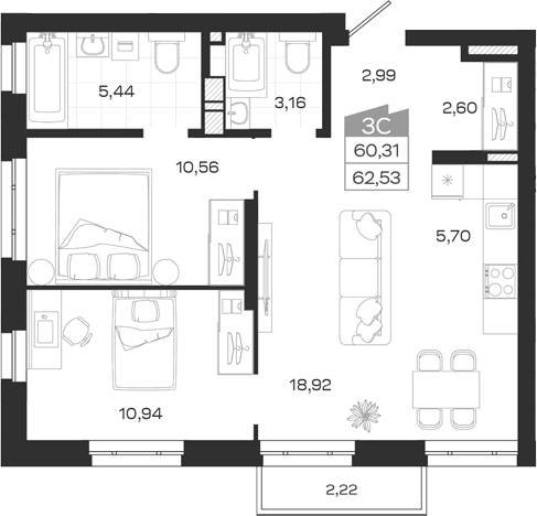 Планировка 3е-к.кв 60.31 м² в ЖК «Квартал 54»