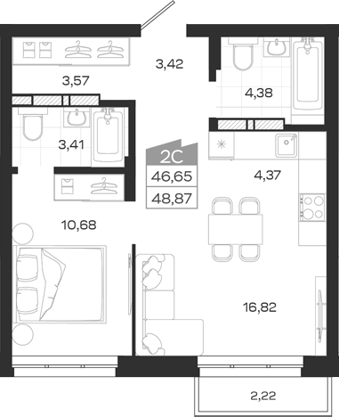 Планировка 2е-к.кв 46.65 м² в ЖК «Квартал 54»