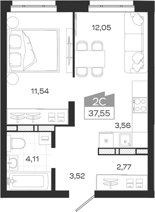 Планировка 2е-к.кв 37.55 м² в ЖК «Квартал 54»