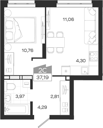 Планировка 2е-к.кв 37.19 м² в ЖК «Квартал 54»