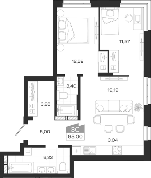 Планировка 3е-к.кв 65.00 м² в ЖК «Квартал 54»