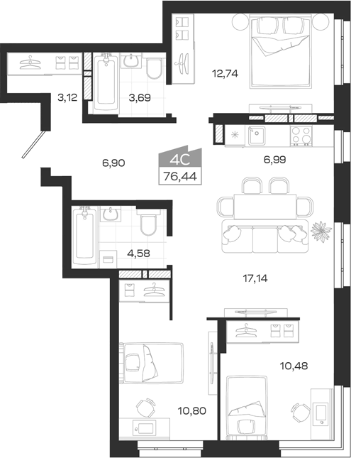Планировка 4е-к.кв 76.44 м² в ЖК «Квартал 54»