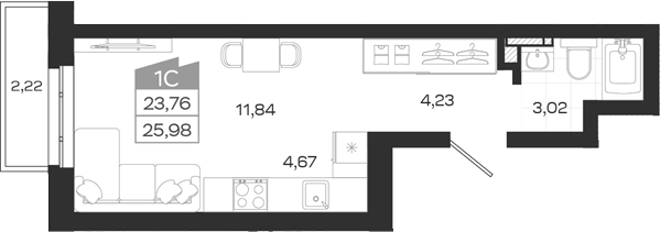 Планировка студии 23.76 м² в ЖК «Квартал 54»