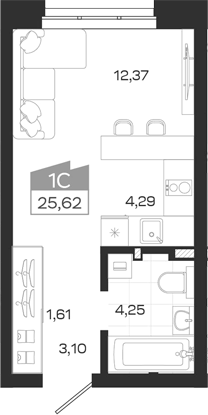 Планировка студии 25.62 м² в ЖК «Квартал 54»