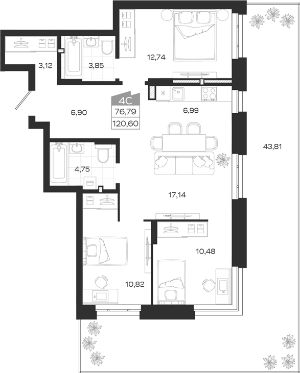 Планировка 4е-к.кв 76.79 м² в ЖК «Квартал 54»