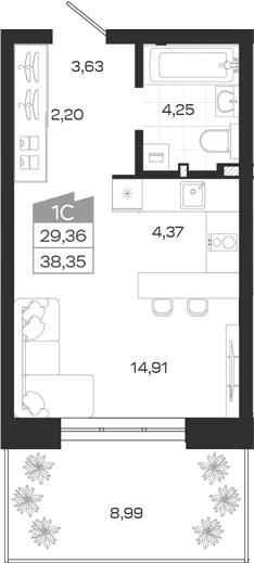 Планировка студии 29.36 м² в ЖК «Квартал 54»