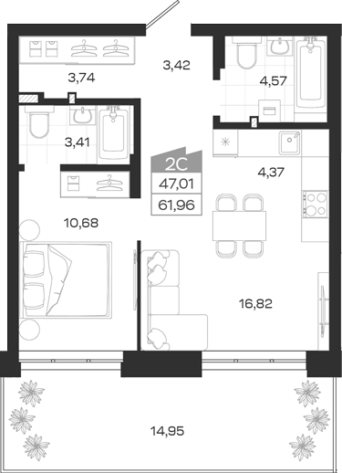 Планировка 2е-к.кв 47.01 м² в ЖК «Квартал 54»