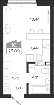 Планировка студии 25.89 м² в ЖК «Квартал 54»