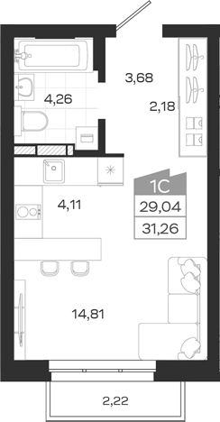 Планировка студии 29.04 м² в ЖК «Квартал 54»