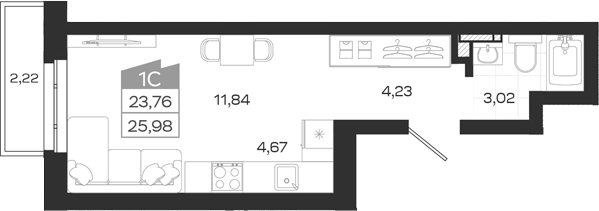Планировка студии 23.76 м² в ЖК «Квартал 54»