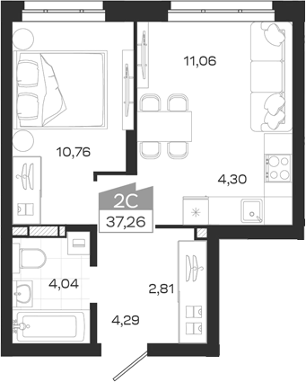 Планировка 2е-к.кв 37.26 м² в ЖК «Квартал 54»