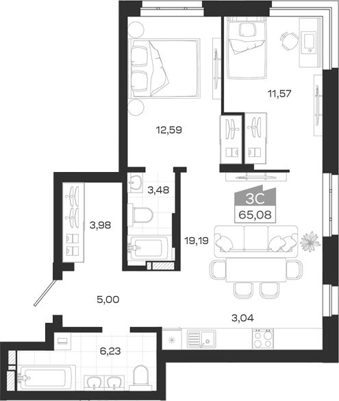 Планировка 3е-к.кв 65.08 м² в ЖК «Квартал 54»