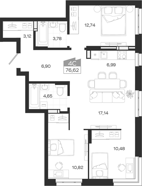 Планировка 4е-к.кв 76.62 м² в ЖК «Квартал 54»