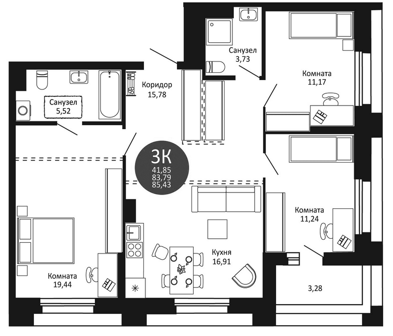 Планировка 3-к. квартира 83.79 м² в ЖК «Первый на Рябиновой»
