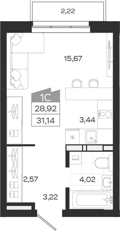 Планировка студии 28.92 м² в ЖК «Квартал 54»