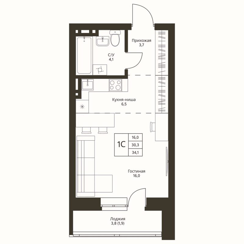 Планировка студии 30.30 м² в ЖК «Фора»