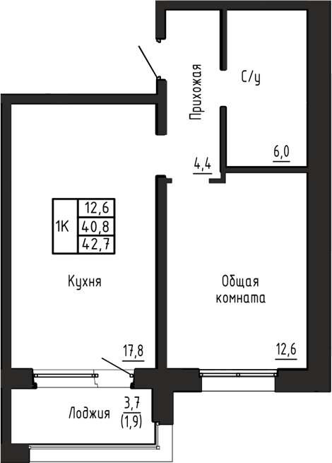 Планировка 1-к.кв 40.80 м² в ЖК «Акварельный 4.0»