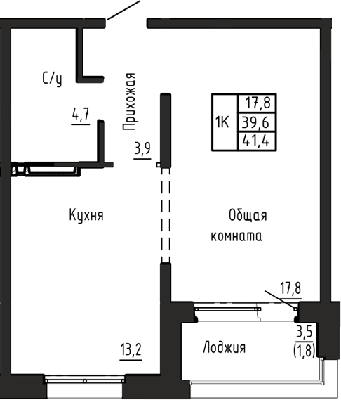 Планировка 1-к.кв 39.60 м² в ЖК «Акварельный 4.0»