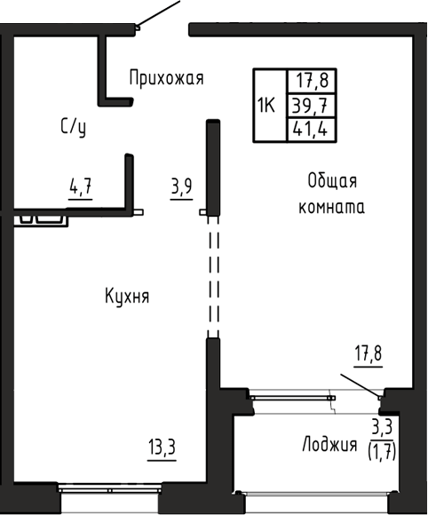 Планировка 1-к.кв 39.70 м² в ЖК «Акварельный 4.0»
