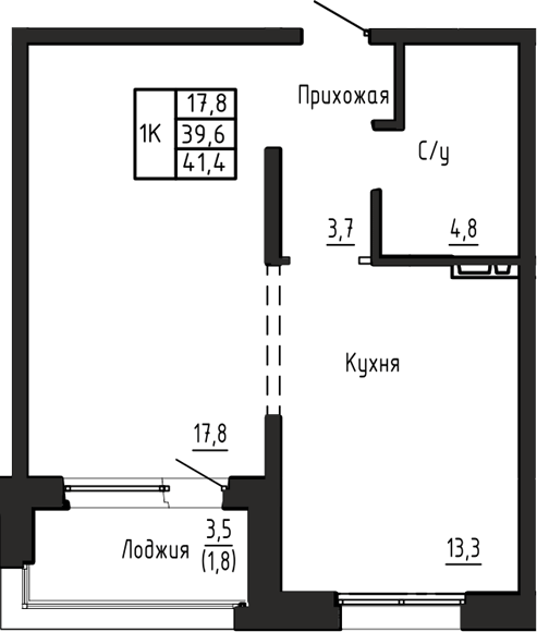 Планировка 1-к.кв 39.60 м² в ЖК «Акварельный 4.0»