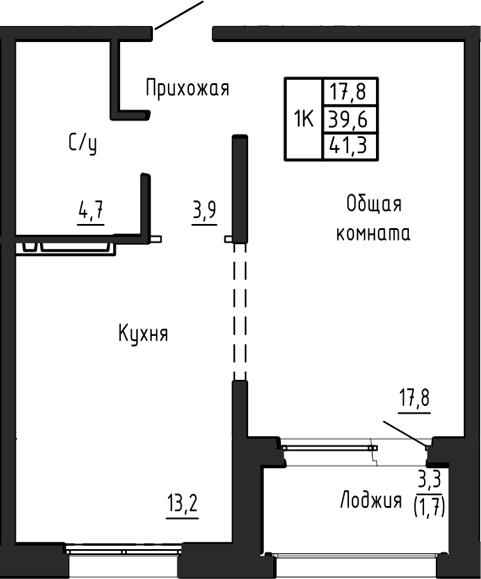 Планировка 1-к.кв 39.70 м² в ЖК «Акварельный 4.0»
