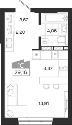 Планировка студии 29.16 м² в ЖК «Квартал 54»