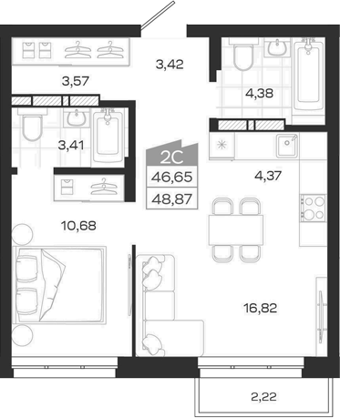 Планировка 2е-к.кв 46.65 м² в ЖК «Квартал 54»