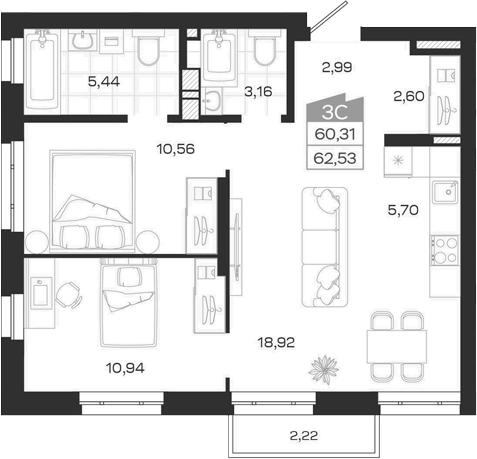 Планировка 3е-к.кв 60.31 м² в ЖК «Квартал 54»