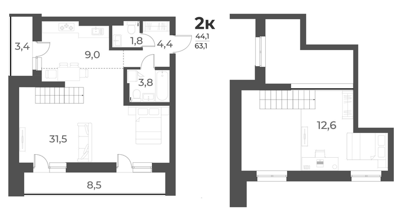 Планировка 2е-к.кв 63.10 м² в ЖК «Нормандия-Неман»
