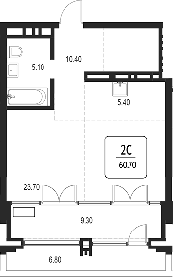 Планировка своб. план. 44.60 м² в ЖК «Первый»