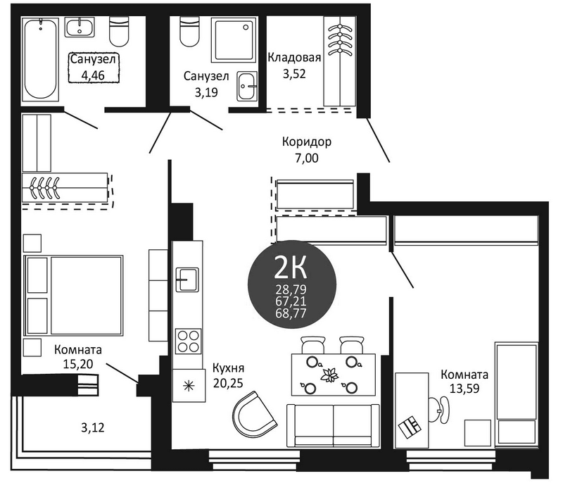 Планировка 2-к.кв 67.21 м² в ЖК «Первый на Рябиновой»