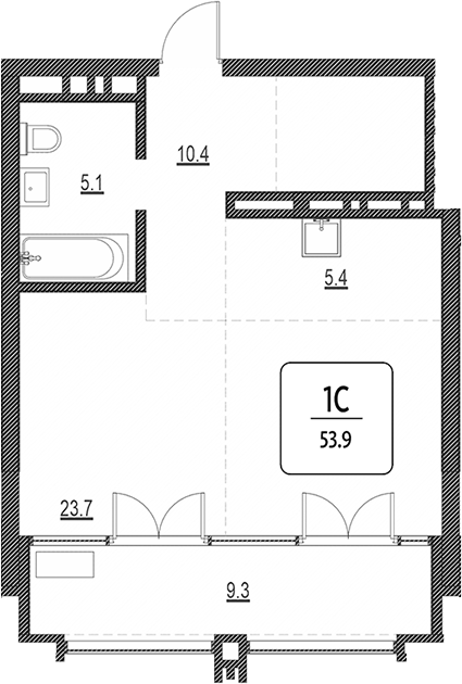 Планировка своб. план. 44.60 м² в ЖК «Первый»