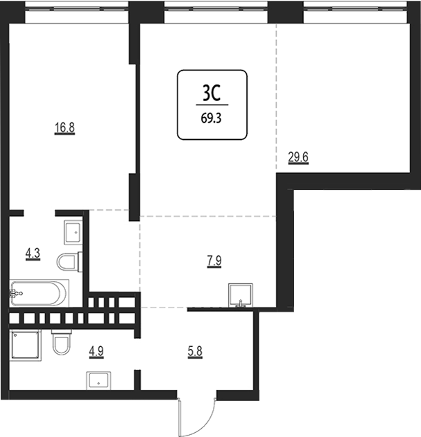 Планировка своб. план. 69.30 м² в ЖК «Первый»