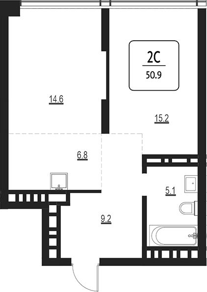 Планировка своб. план. 50.90 м² в ЖК «Первый»
