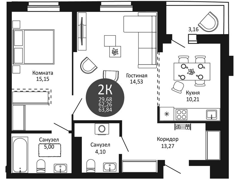Планировка 2-к. квартира 62.26 м² в ЖК «Первый на Рябиновой»