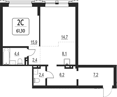 Планировка своб. план. 61.30 м² в ЖК «Первый»